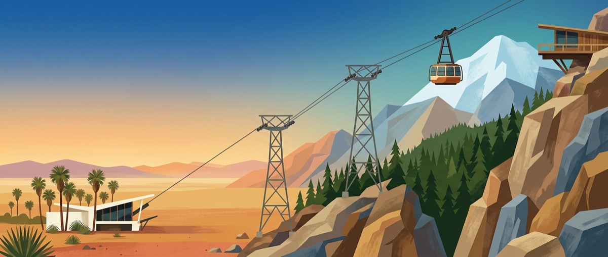Illustrated Palm Springs Aerial Tramway spread, letter A