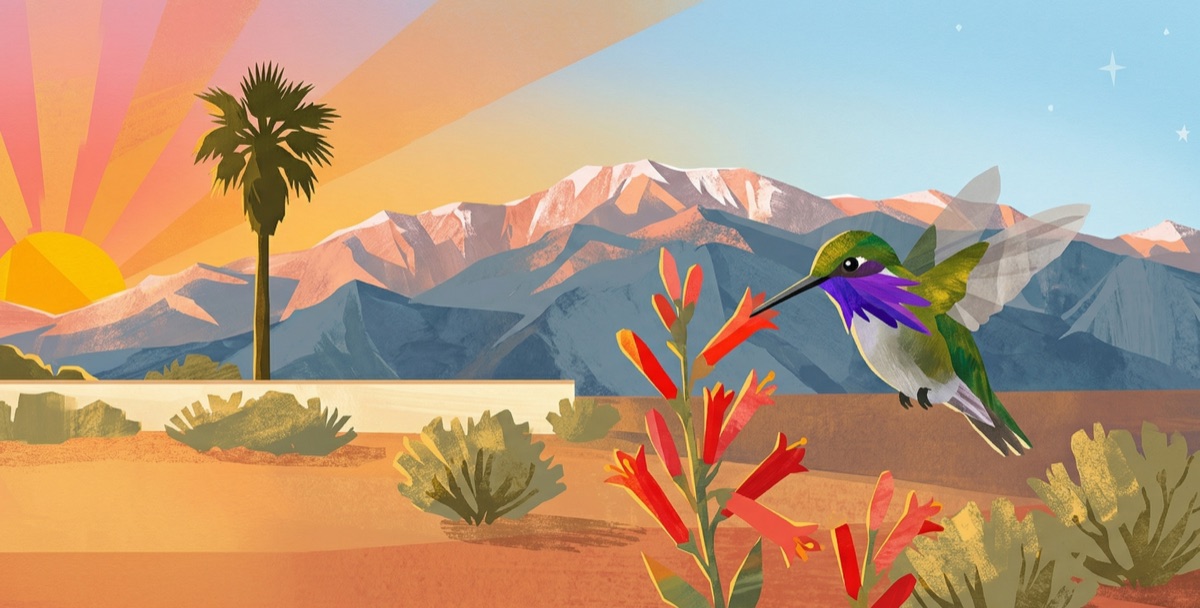 Illustrated hummingbird spread from P is for Palm Springs