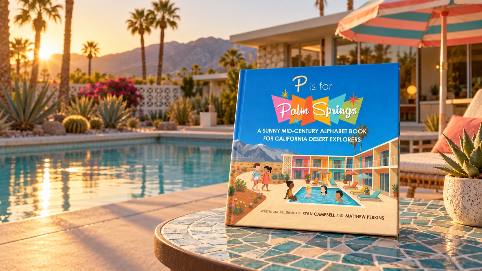 P is for Palm Springs hardcover at golden hour with Palm Springs mountains behind