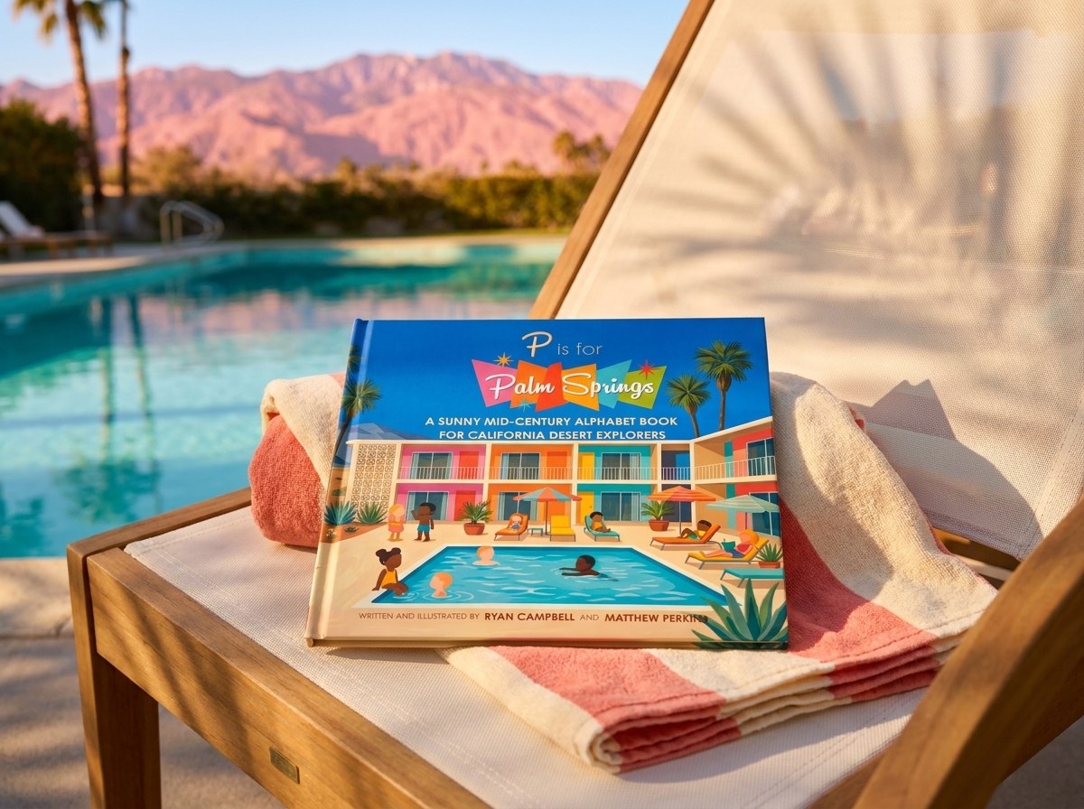 P is for Palm Springs hardcover on a poolside lounge chair with mountains behind