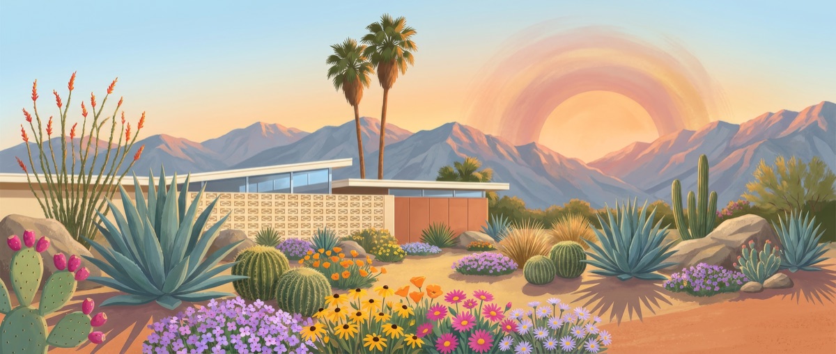 Illustrated desert xeriscape garden spread, letter X