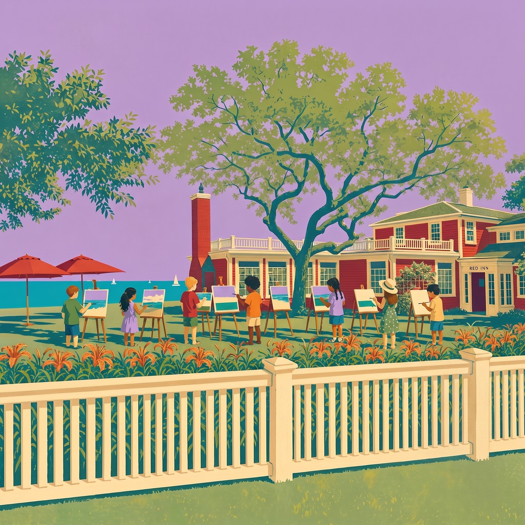 Illustrated children painting outdoors by the Red Inn in Provincetown